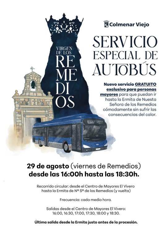 Ampliar 'Colmenar Viejo habilitará el viernes 29 de agosto un servicio especial gratuito de autobús para que las personas mayores puedan ir hasta la Ermita de Nuestra Señora de Los Remedios'